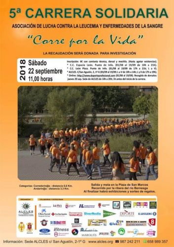 V Carrera Solidaria “Corre Por La Vida” organizada por ALCLES. SABADO 22 DE SEPTIEMBRE a las 11:00h